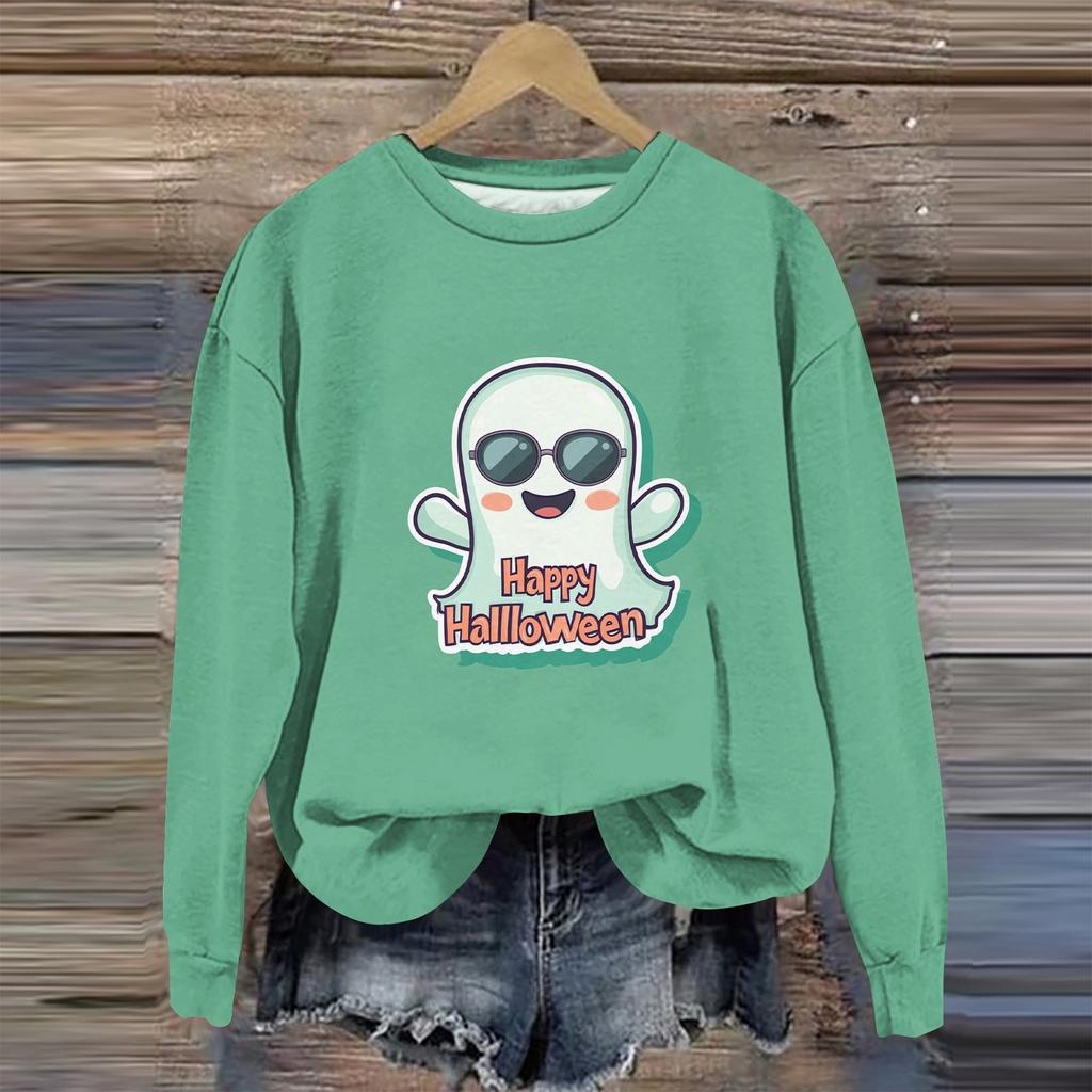 Moda feminina manga comprida estampa de Halloween gola redonda suéter top