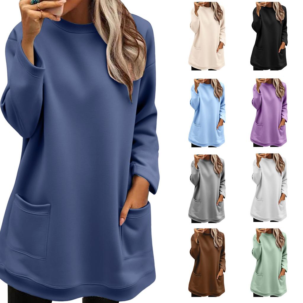 Women's Long-sleeved Loose Fashion Pocket Pullover Round Neck Long Sweatshirt