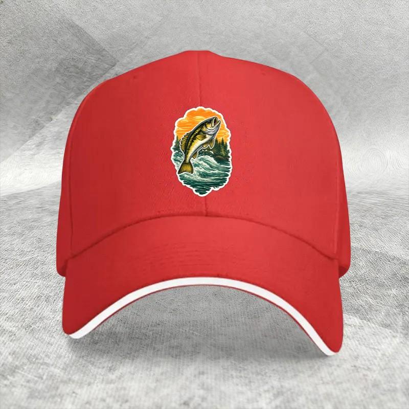 Bass Jumping Out of Water Graphic Baseball Cap Adjustable Outdoor Style Fishing Sport Cap One Size