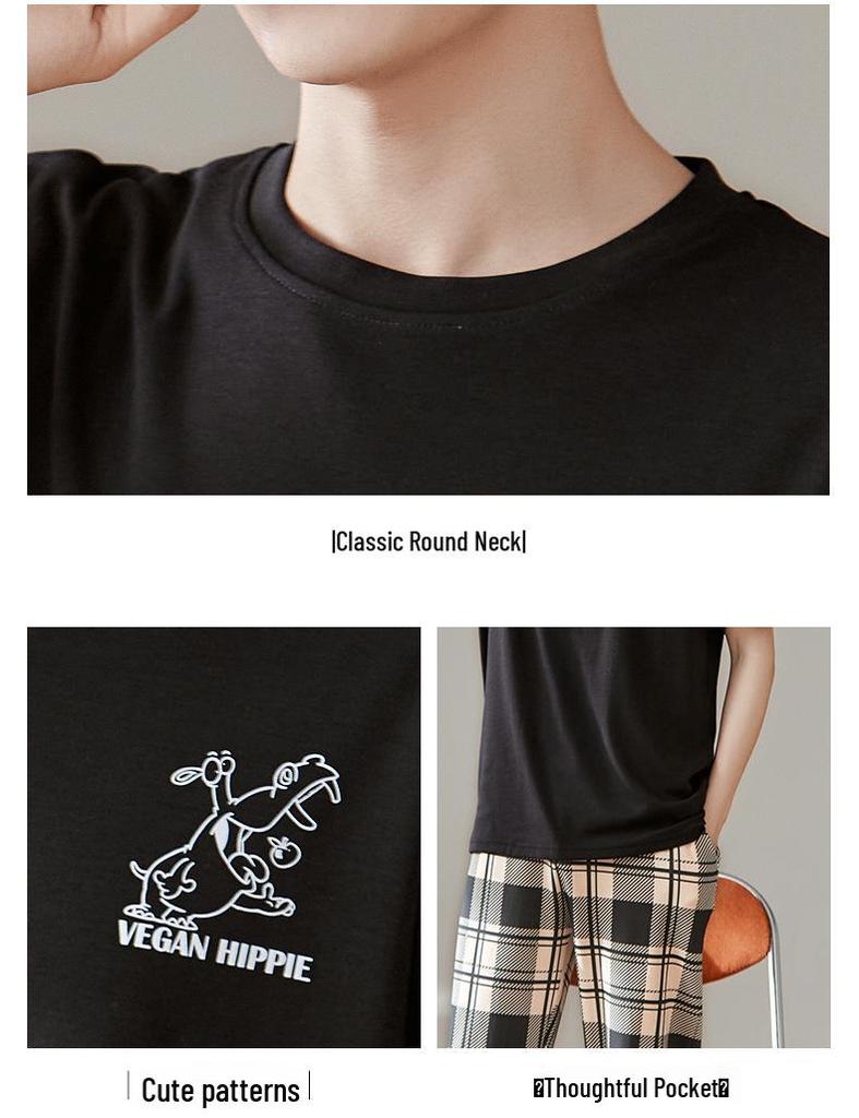 Summer Couple Pajamas Set: Women's Short Sleeve Plaid Top with Long Pants, Pure Cotton Casual Sportswear, Men's Plus Size, Spring/Summer Collection.