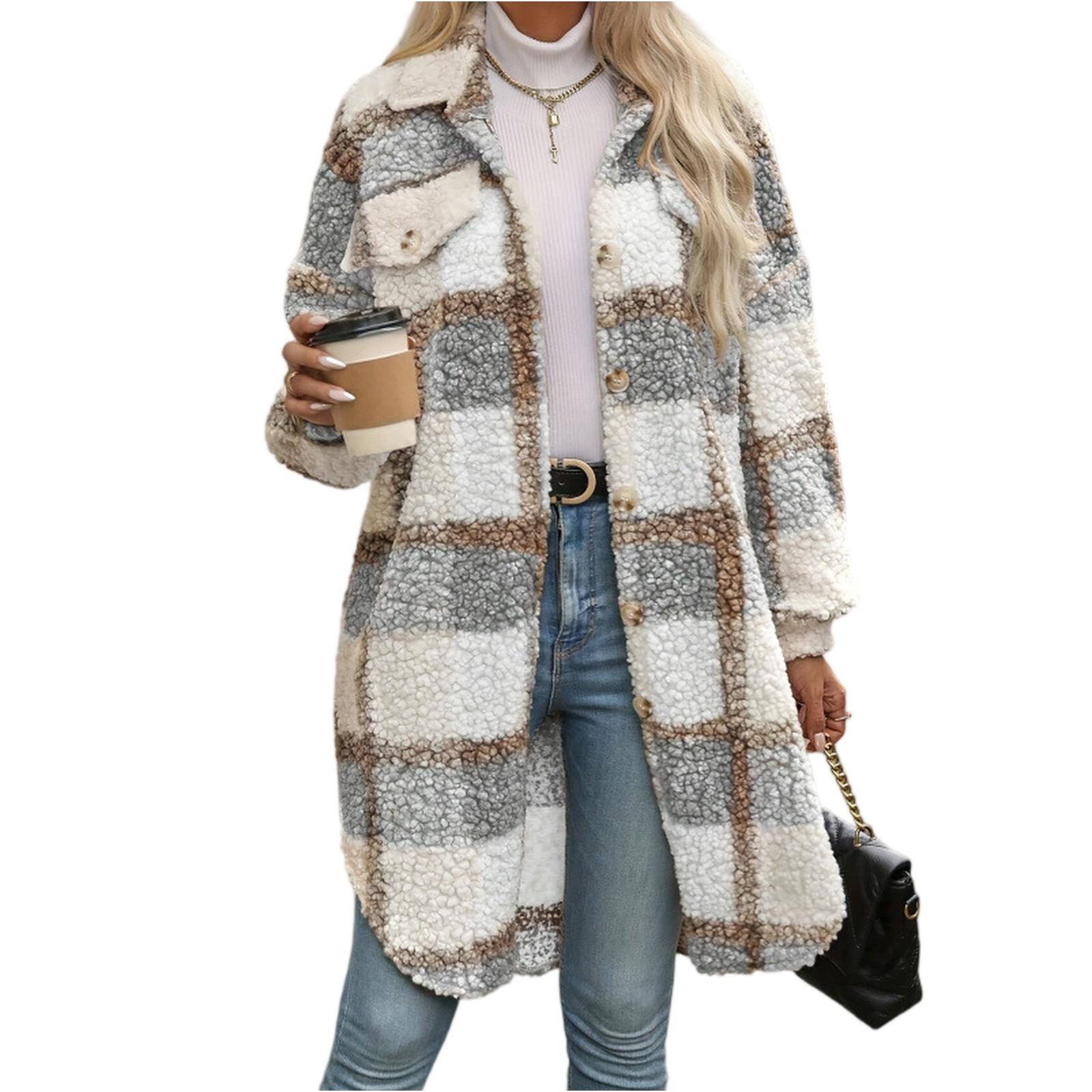 

Women s Casual Fashion Long-sleeved Lapel Plaid Print Woolen Thick Coat L синий