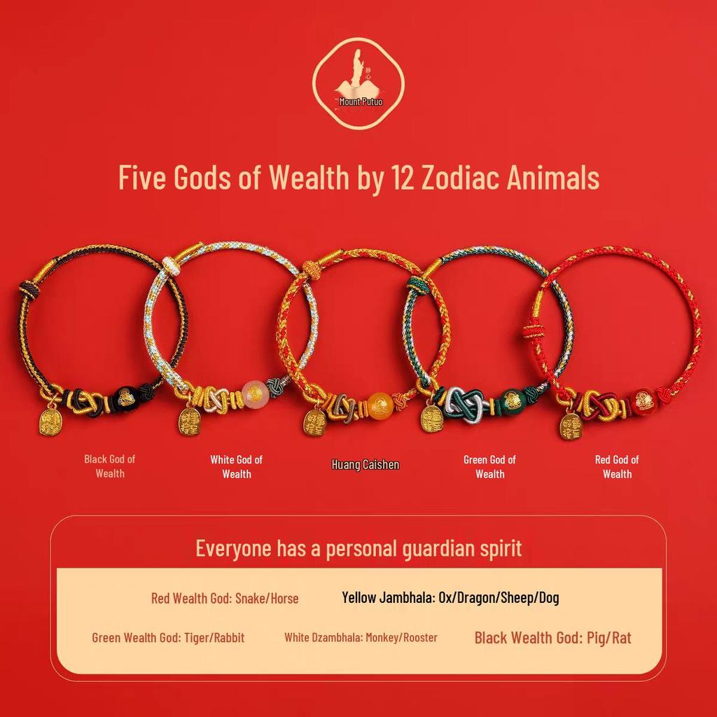 Putuo Mountain Agate Wealth God Bracelet with Woven Cord for 2026 Year of the Horse - Red Rope Lucky Bead Bracelet.