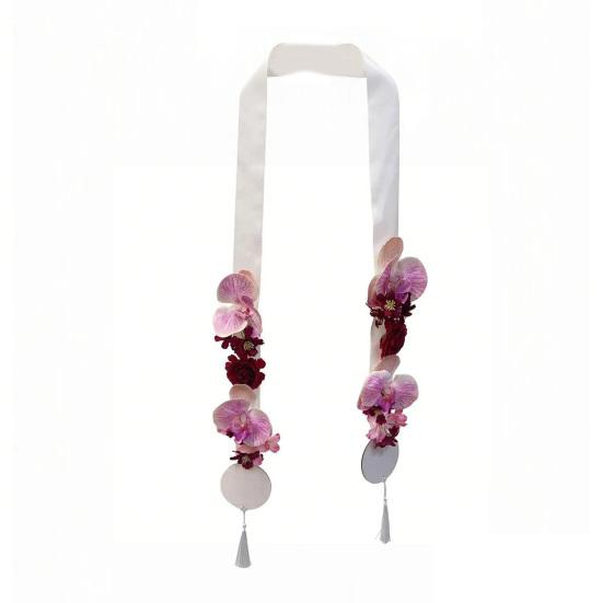 

Floral Graduation Stole Handmade Custom Floral Belt with Realistic Faux Silk Flowers Phalaenopsis Roses Dahlias Personalized Engraved Tags Unique