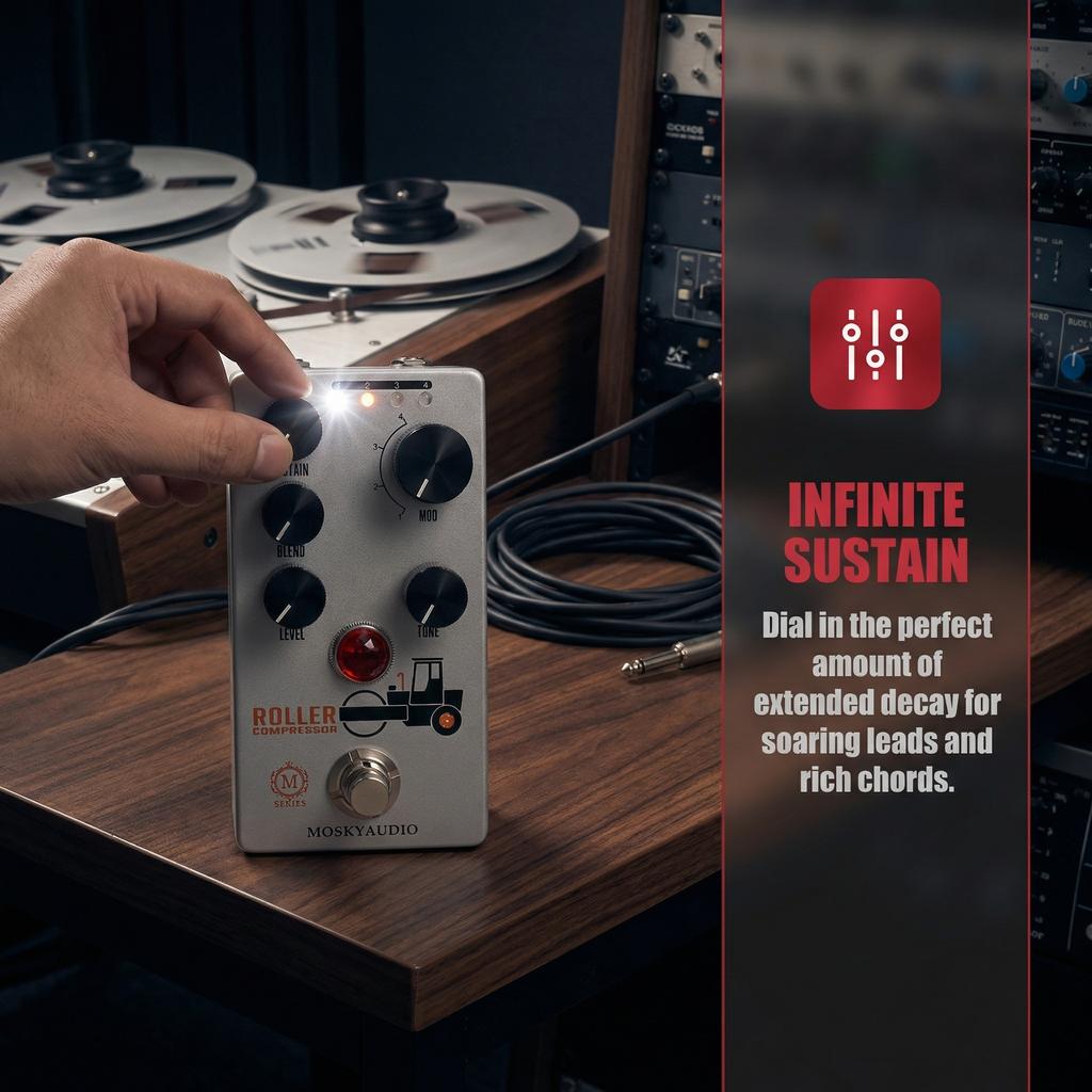 MOSKYAUDIO Roller Compressor Pedal 4 Modes True Bypass Sustain Blend Level Control Guitar Effects Pedal