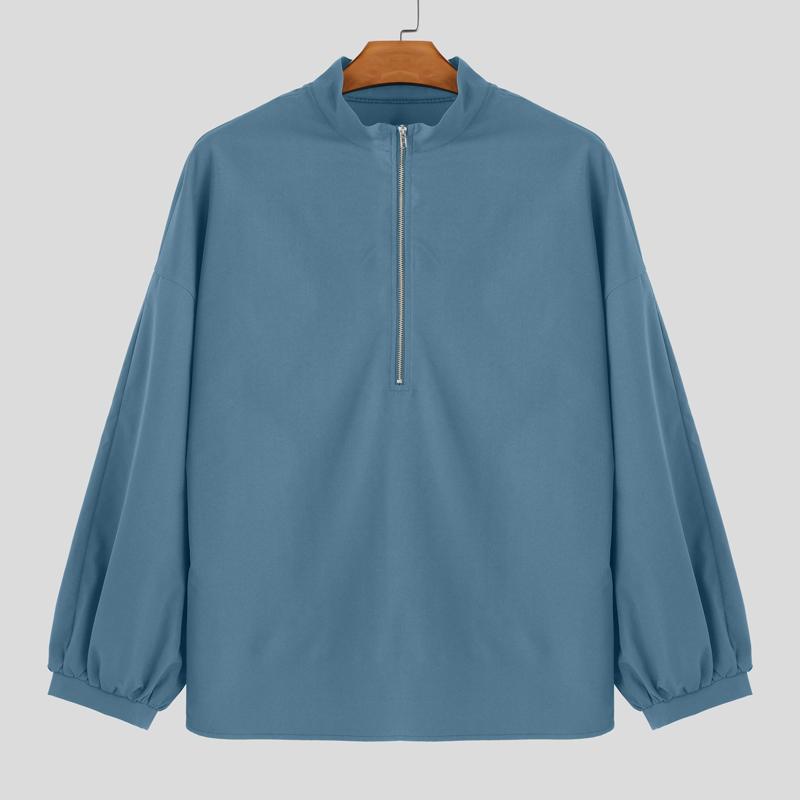 

INCERUN Весенние свободные мужские рубашки со стоячим воротником и длинным рукавом на молнии, однотонные повседневные рубашки XL синий