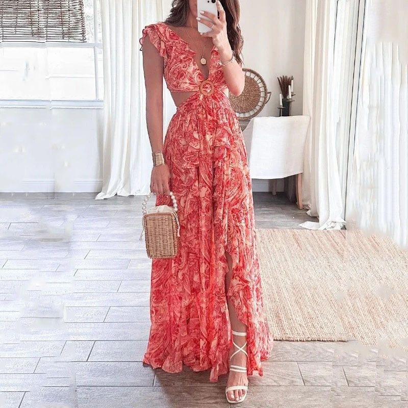 Autumn new women's clothing, Europe, America, fashion printing V-neck ruffle edge split dress