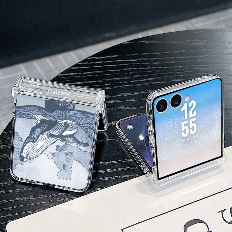 Hinged Magnetic Phone Case For Samsung Z FlIP 7 FE 6 5 Ocean Fish Whale Print Clear Hard PC Folding Phone Cover For Galaxy Z Flip7 Flip6 Flip5