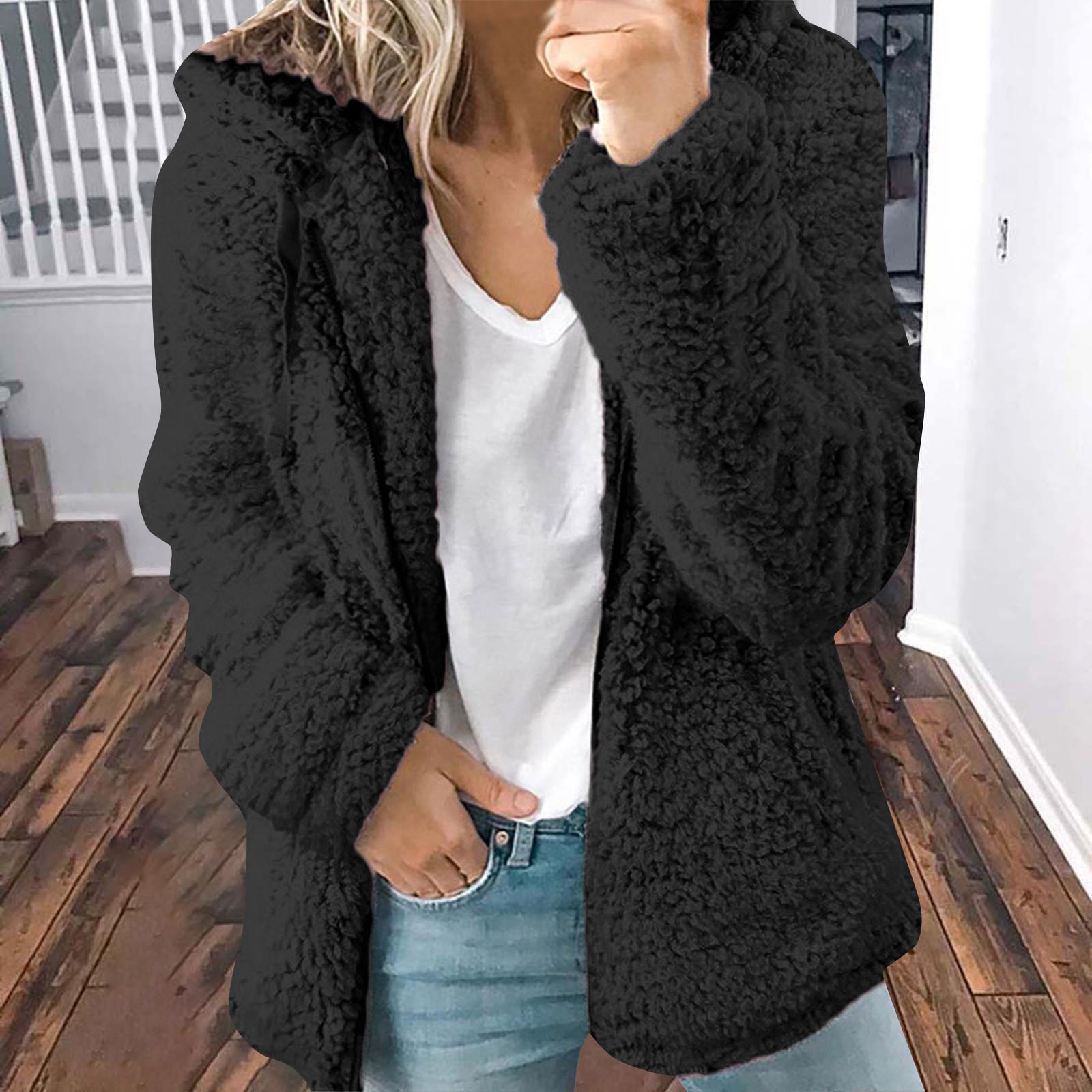 

Женское тонкое пальто на зиму и осень, повседневное однотонное пальто с капюшоном и поясом, карман на шнурке, с капюшоном из искусственного плюша, на молнии, с длинными рукавами, женское пальто S чёрный