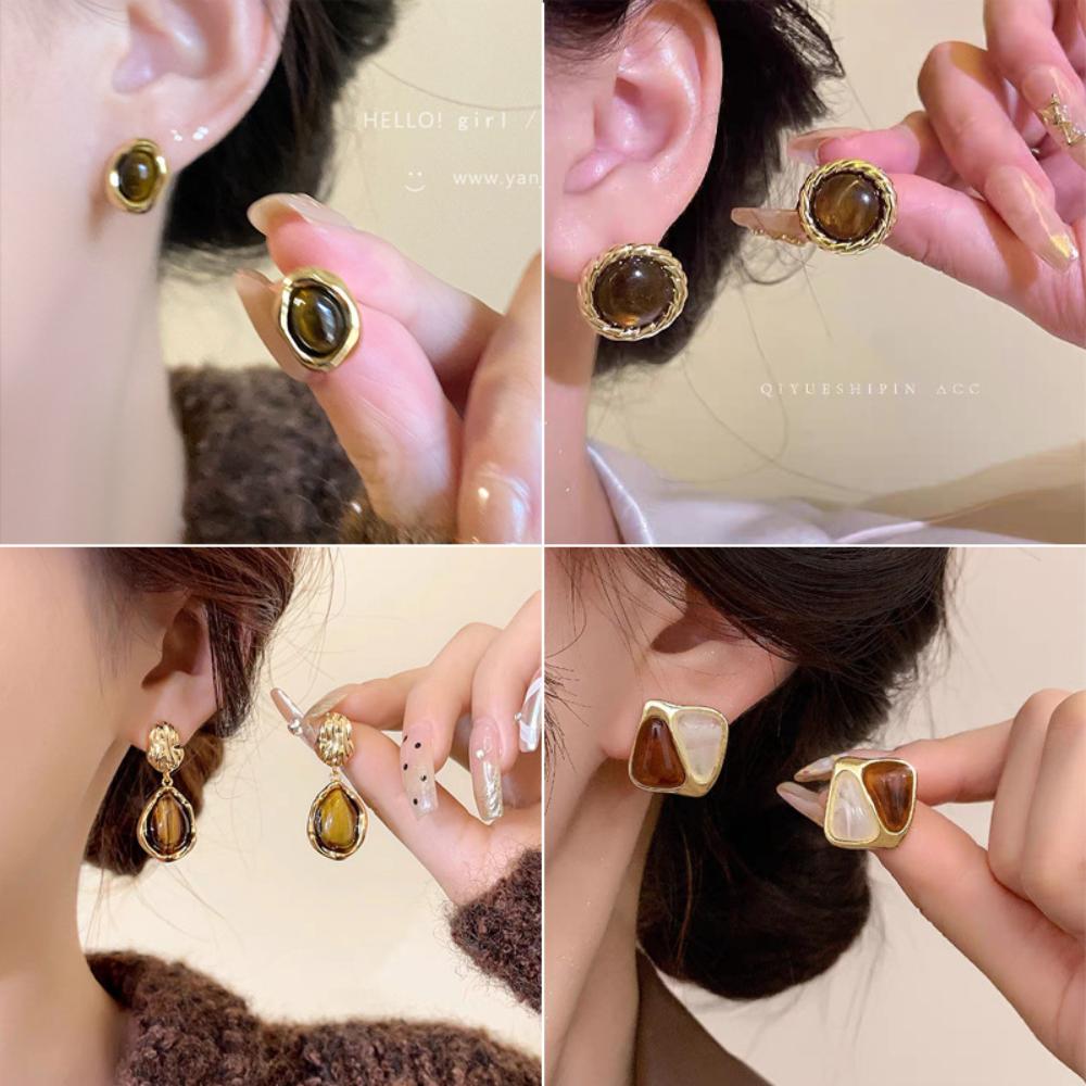 Tiger Eye Stone Earrings Alloy High End Ear Accessories Maillard Earrings Light Luxury Light Luxury Earrings For Gifts Daily