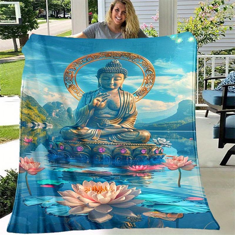 Zen Art Buddha Statue Pink Lotus Lake Mountain Scenery Art Print Flannel Blanket Comfortable Soft Plush Throw Blanket
