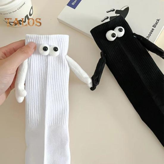 1 Pair Cartoon Magnet Hand-linking Socks Knitted Color Matching Christmas Style Elastic Anti-slip Warm No Odor Festive New Year Mid-tube Socks