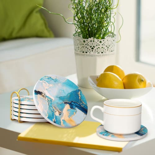 HUACHENG Stylish Ceramic Coasters, Set of 6, with Marble Pattern, Heat-Resistant, Protective Cork Backing, Mug/Tea Pad/Cup Mat, Water-Absorbent, Quick