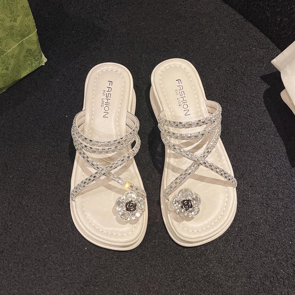 Pearl Rhinestone Sandals Slippers Women's Summer Wear Pinch Feet Fat Wide Set Toes French Roman Beach Platform Wedge Sandals