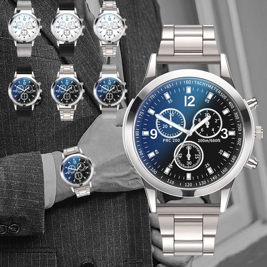 Atemberaubende Blaues Licht Glas Drei-Augen Stahlarmband Uhr Für Männer Quarz Uhr Perfektes Geschenk Für Männer