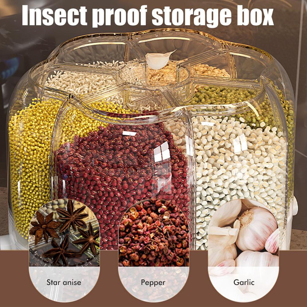 Food Grain Storage Container Large Capacity 6.5L 6 Grid Rotatable Rice Dispenser Sealed Grain Food