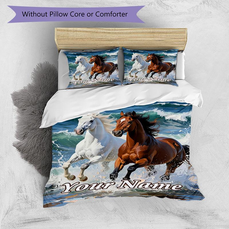 3PC Custom Name Horses Ocean Wave Bedding Set Duvet Cover Closure Includes 1 Duvet Cover & 2 Pillowcases for Bedroom