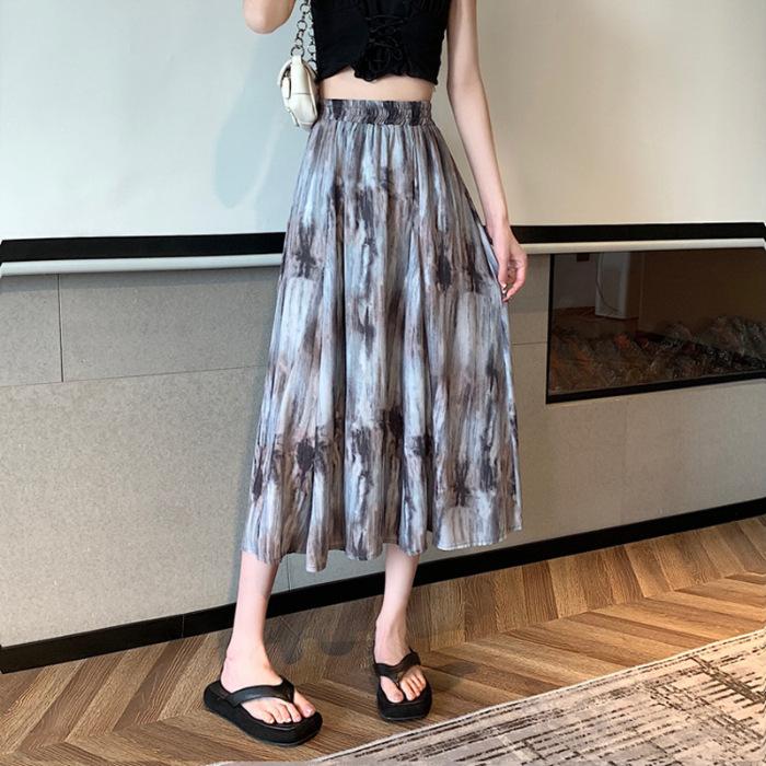 Tie-dye ink printing high-waisted skirt women's summer design sense niche covering a-shaped skirt medium and long covering umbrella skirt