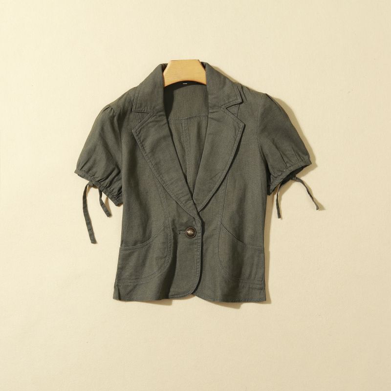 

Внешняя торговля Весна Лето Женская одежда Хлопок и Лен Короткий рукав Одна пуговица Короткий V-образный вырез Маленький костюм Удобный Дышащий Модный Короткое пальто Army Green M