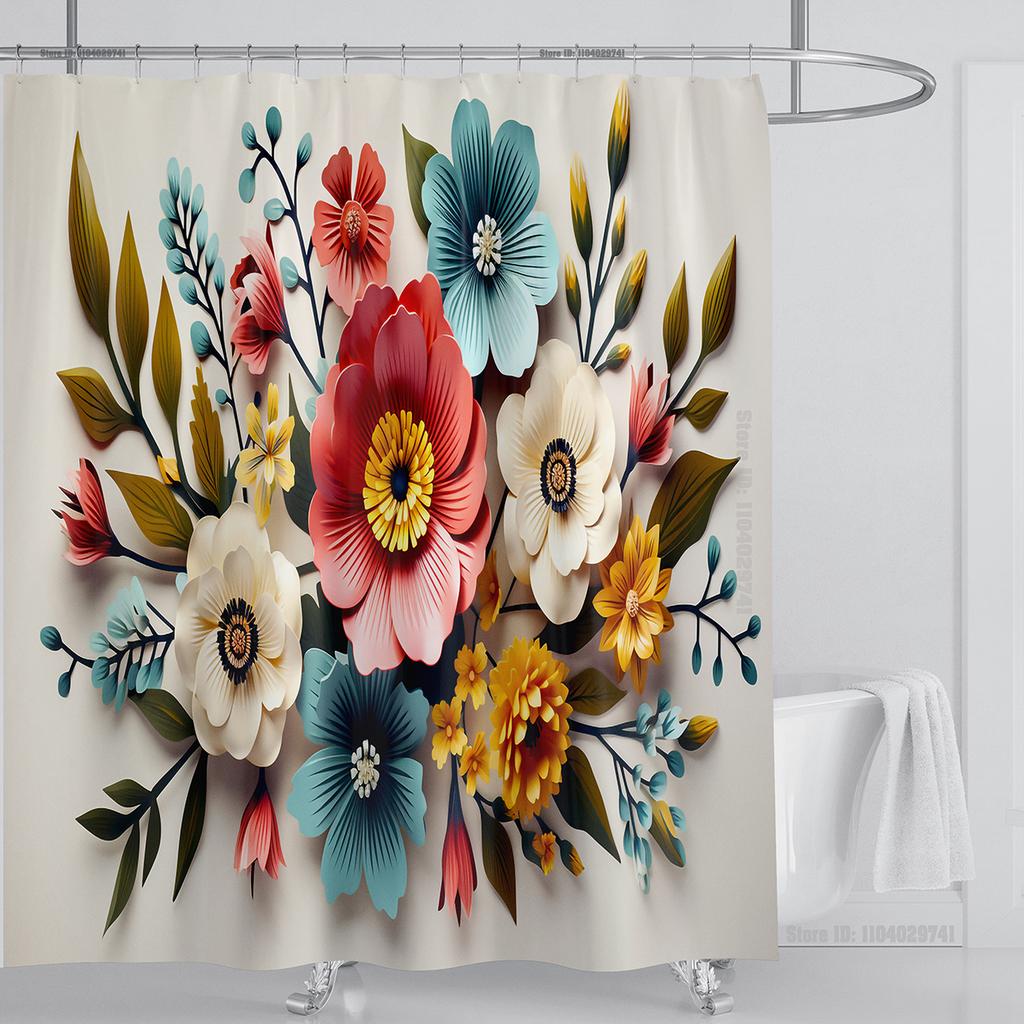 3D Floral Shower Curtain Set Orange Flower Design Fabric Bathroom Decor Waterproof Washable Shower Curtain Set with Hooks
