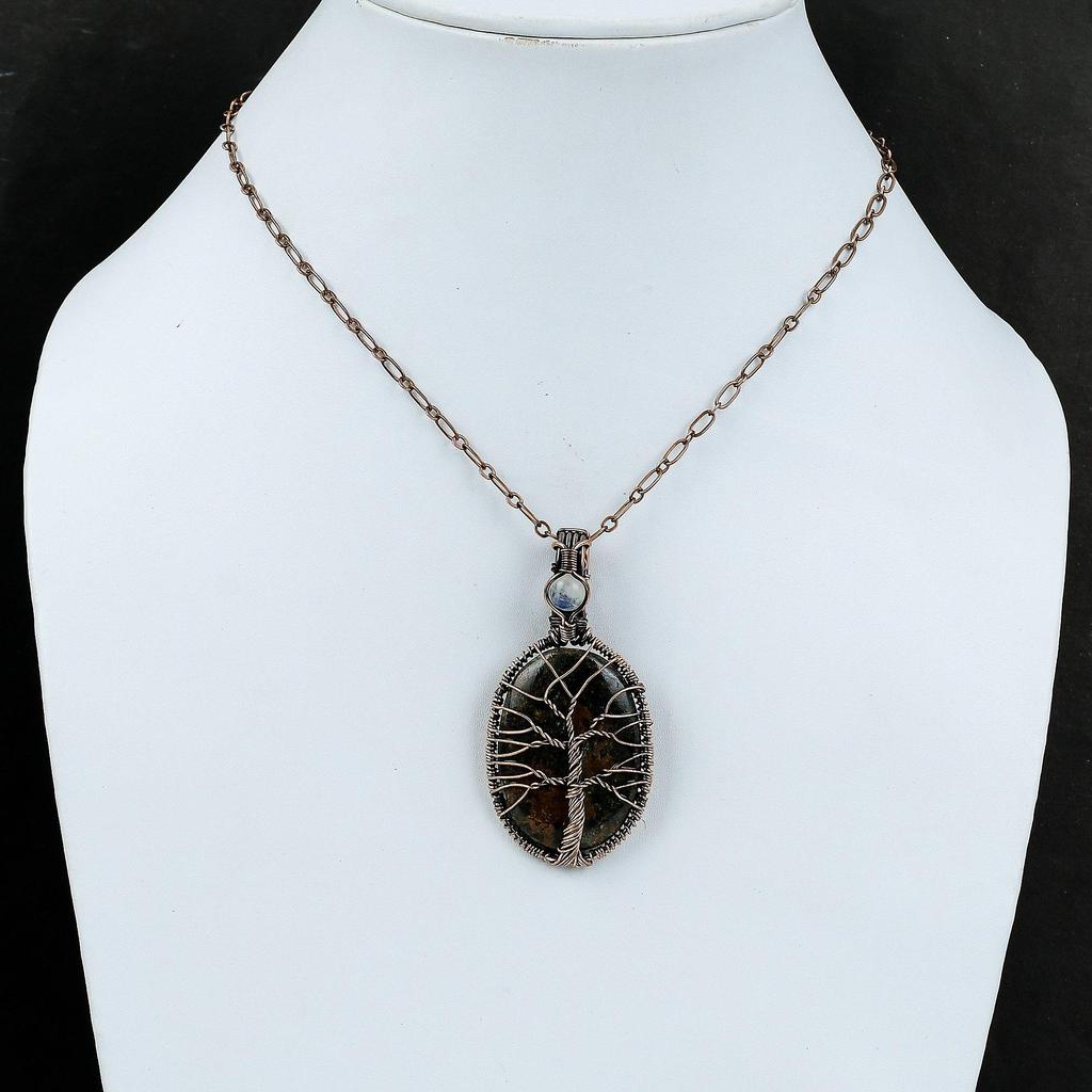 Pendant Arborele Vieții cu Granat Spessartină în Calcar, înfășurat cu sârmă de cupru, Pandantiv cu Piatră Prețioasă, Pandantiv cu Piatră de Lună Curcubeu, Bijuterii din Cupru Lucrate Manual