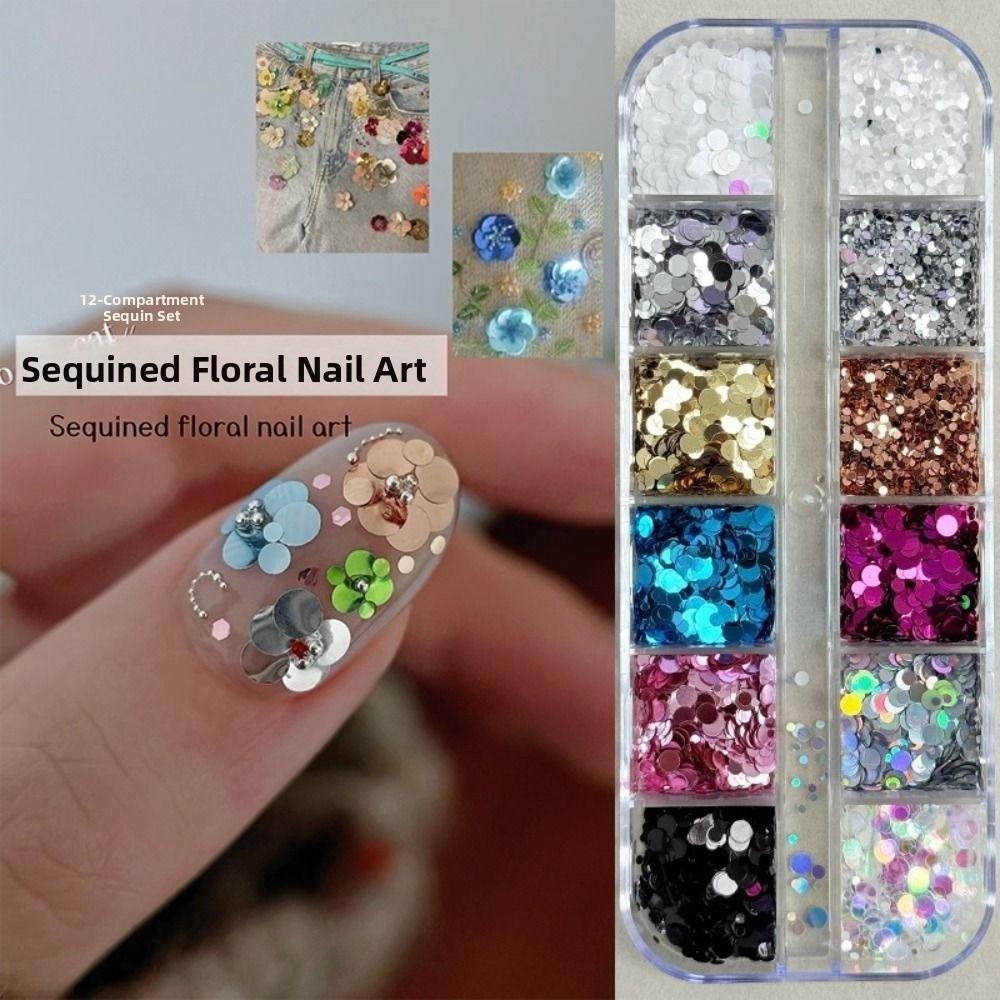 

12-Grid Polka Dot Glitter Nail Art Decorations Colorful Nail Charms Nail Salon B