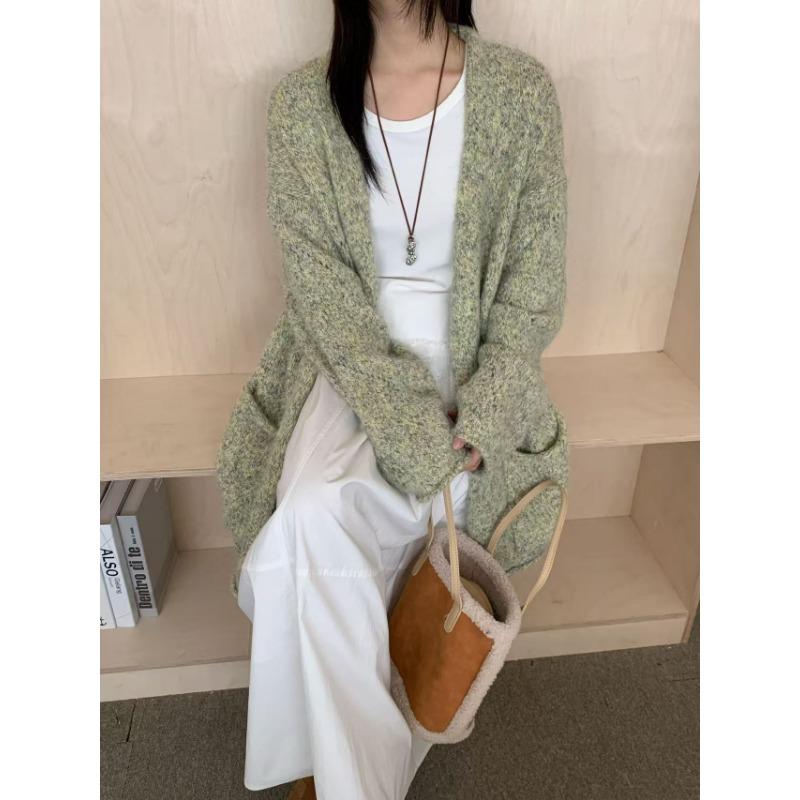 

Ленивый ветер расслабленный вязаный кардиган куртка женская осень и зима новый свободный карманный свитер куртка one size fits all зелёный