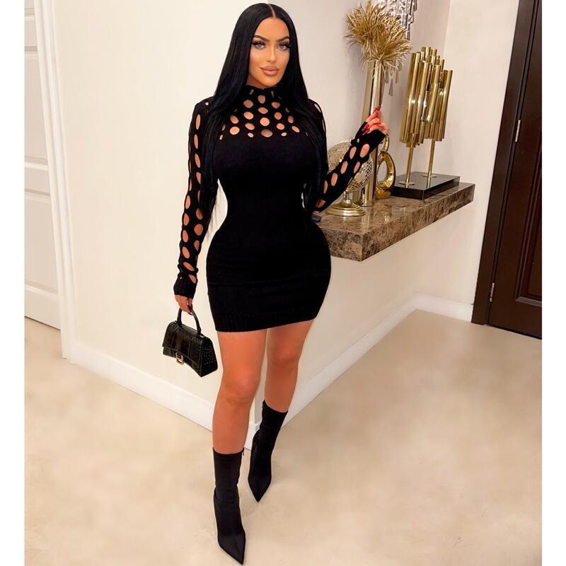 2025 Women s Fashion Sexy Knit Hollow Long Sleeve Woolen Dress Extra Large чёрный
