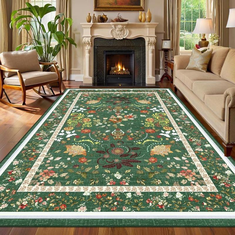 Beige Floral Living Room Carpet Bohemian Style Sofa Coffee Table Floor Mat Foldable Machine Washable Bedroom Bedside Soft Rug
