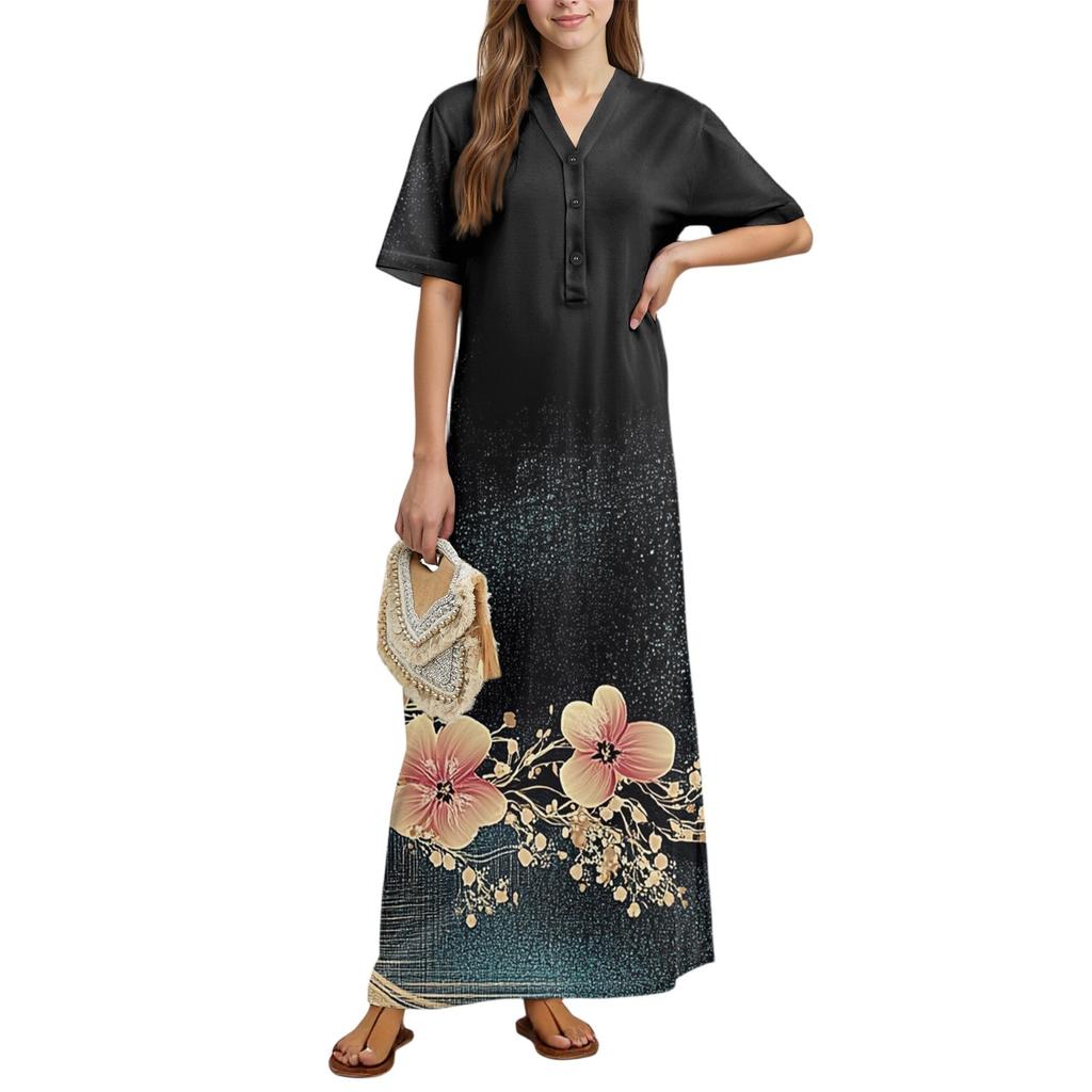 Damenmode Bedrucktes Nachthemd Hauskleidung Kurzarm-Nachthemd mit Taschen Langes Kleid