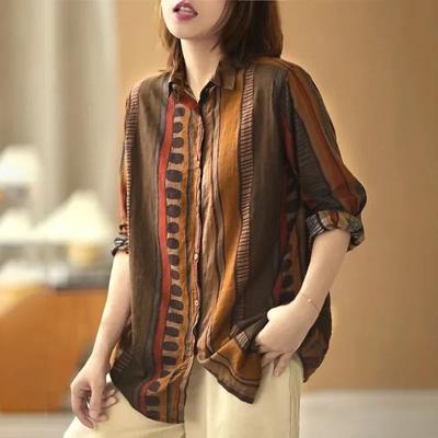 Vintage Ethnic Shirts Women Long Sleeve Top Cotton Linen Shirt Loose Casual Ladies Blouse