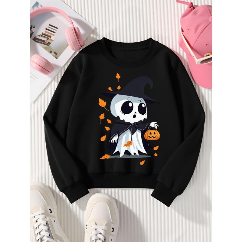 European Sizes Girls' Halloween Long-Sleeve Round-Neck Fun Print Casual Top, Kids' Autumn Clothing, for Trick-or-Treat Parties.