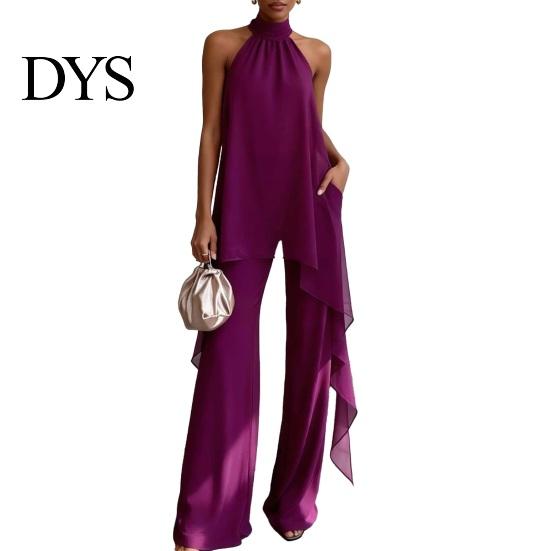 Comfortable Women Outfit Women's Chiffon 2 Piece Sets, Asymmetrical Halter Sleeveless Tops with Plus Size Casual Suit Wide Leg Pants Summer