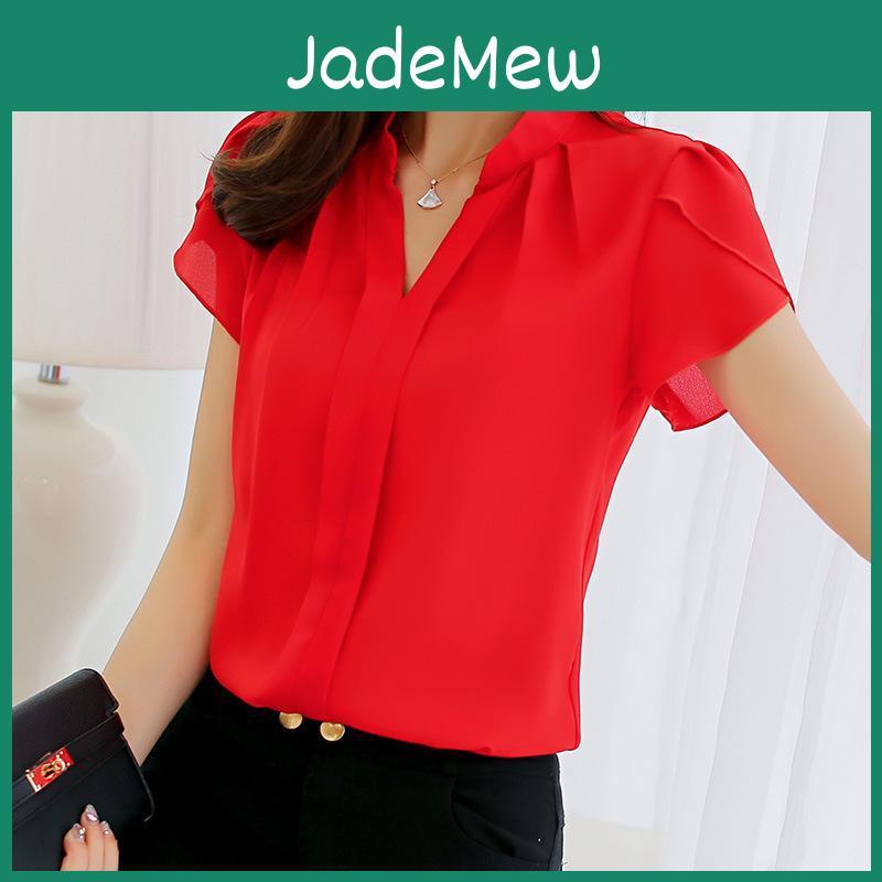 Korean Womens Stand Summer Collar Slim Fit Solid Color Bottom Shirt Ruffle Slit Short Sleeve Blouse Womens Red Pink White Blue Chiffon Blouses
