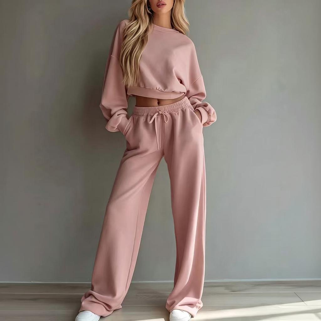 Women's Casual 2 Piece Outfit Set with Cropped Long Sleeve Sweatshirt and Wide Leg Pants