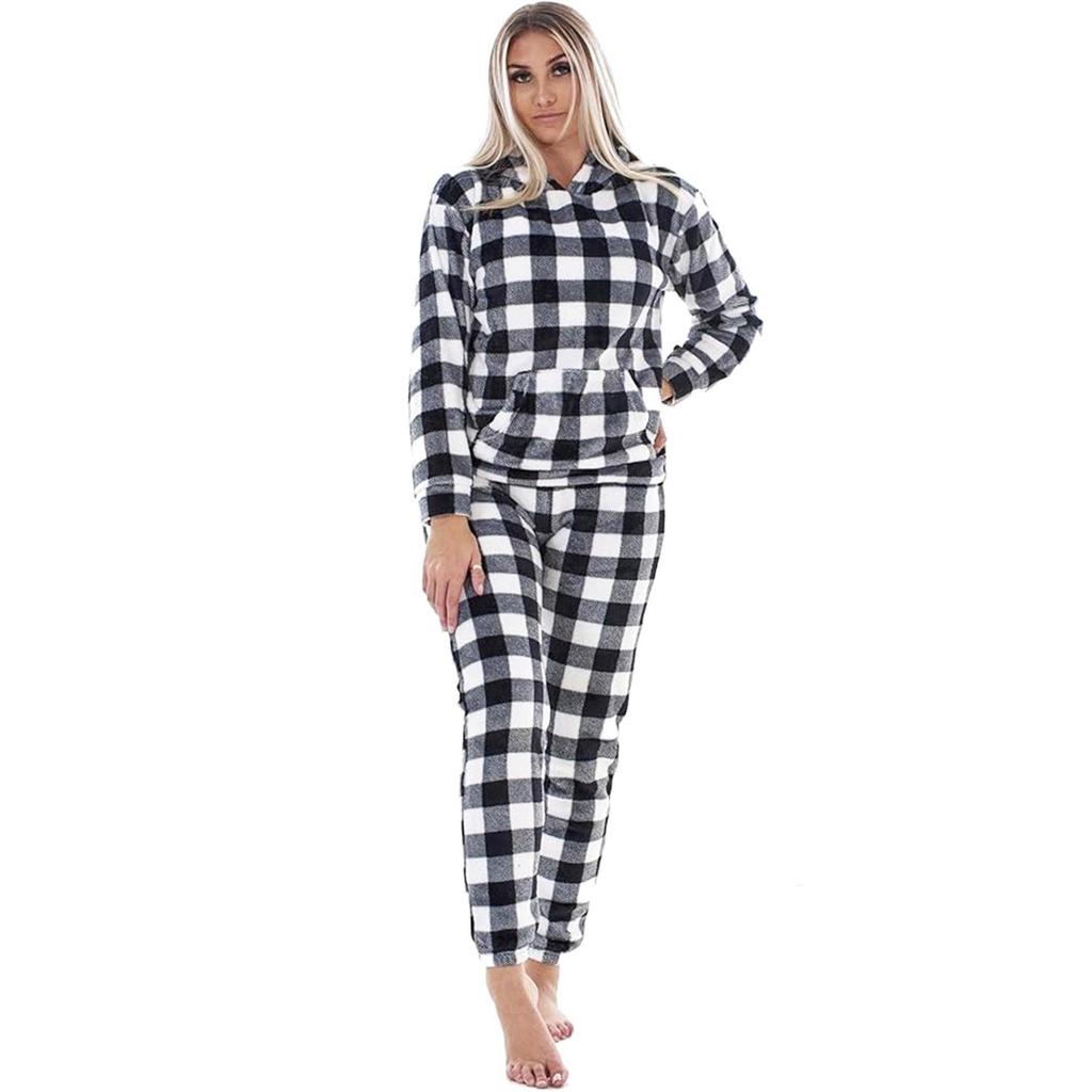 Keanu Womens/Ladies Checkered Fleece Hooded Long Pyjama Set
