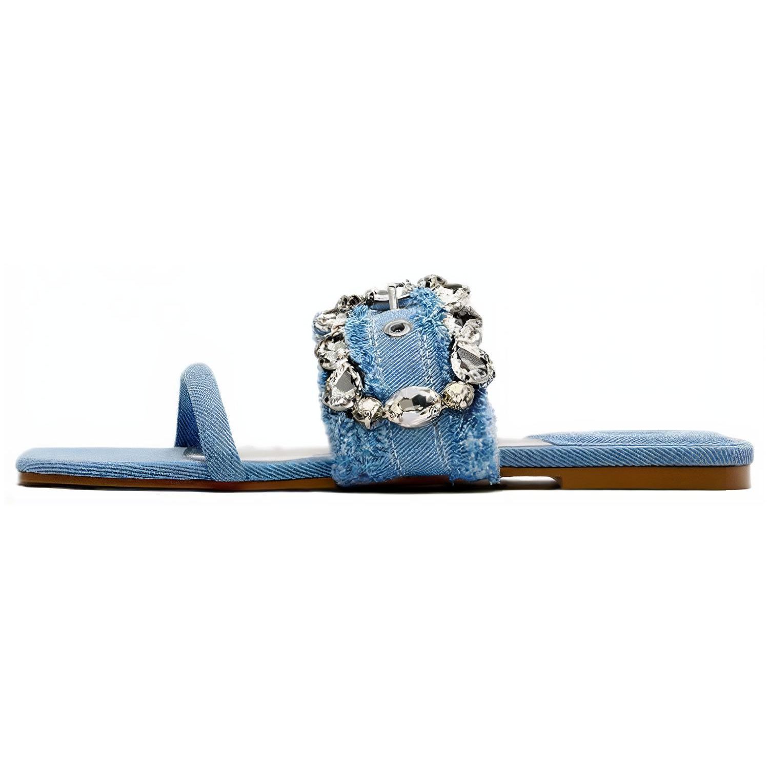 ZARA Denim Embellished Flat Slide Sandals Blue Womens 2648210043 37