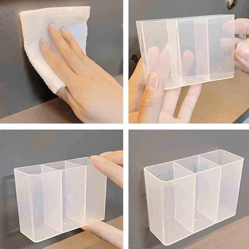 Transparent 3 Grid Wall Storage Box – Self Adhesive No Drill Organizer for Makeup Brushes, Lipstick, Pens, Perfume, Bathroom & Vanity Storage