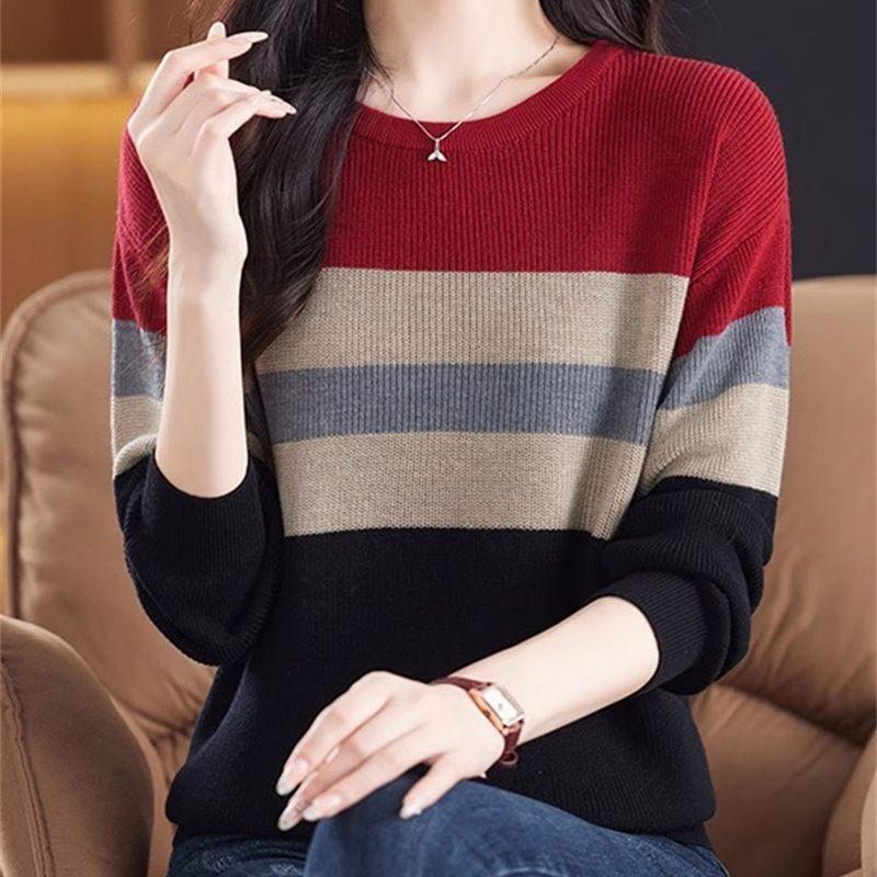 Spring and Autumn Knitted Base Layer Round-neck Color-blocking Striped Long-sleeved Top Loose and Belt-covering Thin Wool Sweater