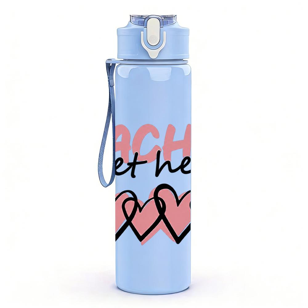 1PC Teaching Sweethearts Pink Heart Text Graphic,750ml Color Plastic Sports Water Bottle,Leakproof Flip Straw Lid,Suitable for Sports Office Home Use