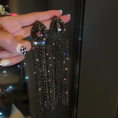 Orecchini Pendenti Moda Goccia d'Acqua Cristallo Colore Nero Oro Oversize Lungo Nappa Strass per Donna Orecchino Pendente Statement Zircone