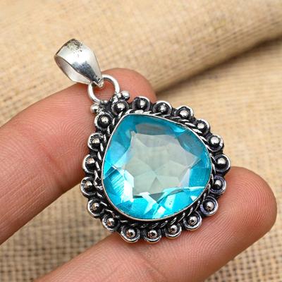 Glorious Blue Topaz Gemstone Handmade 925 Sterling Silver Jewelry Pendant For Thanksgiving Gift
