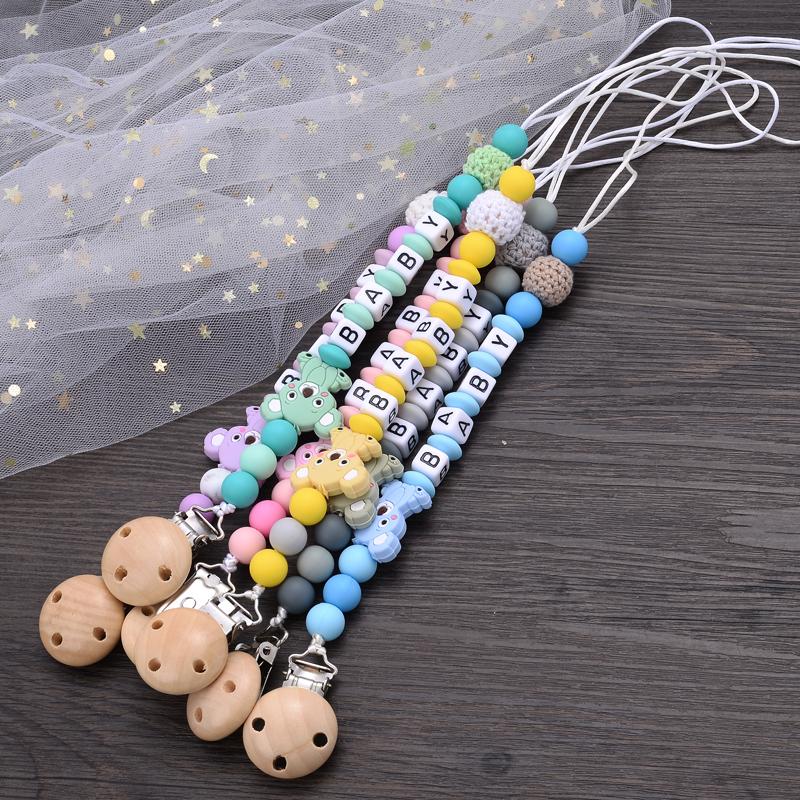 Baby Beech Teether Pacifier Clips Personalized Name Silicone Teether Geometric Crochet Beads Chain Pacifier Clips Nipple Clip