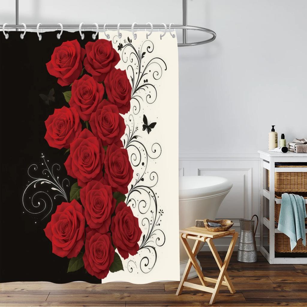 1pc Rose Printed Shower Curtain, Shower Partition, Privacy Hanging Curtain with 12 Hooks, Multiple Sizes, Easy Installation