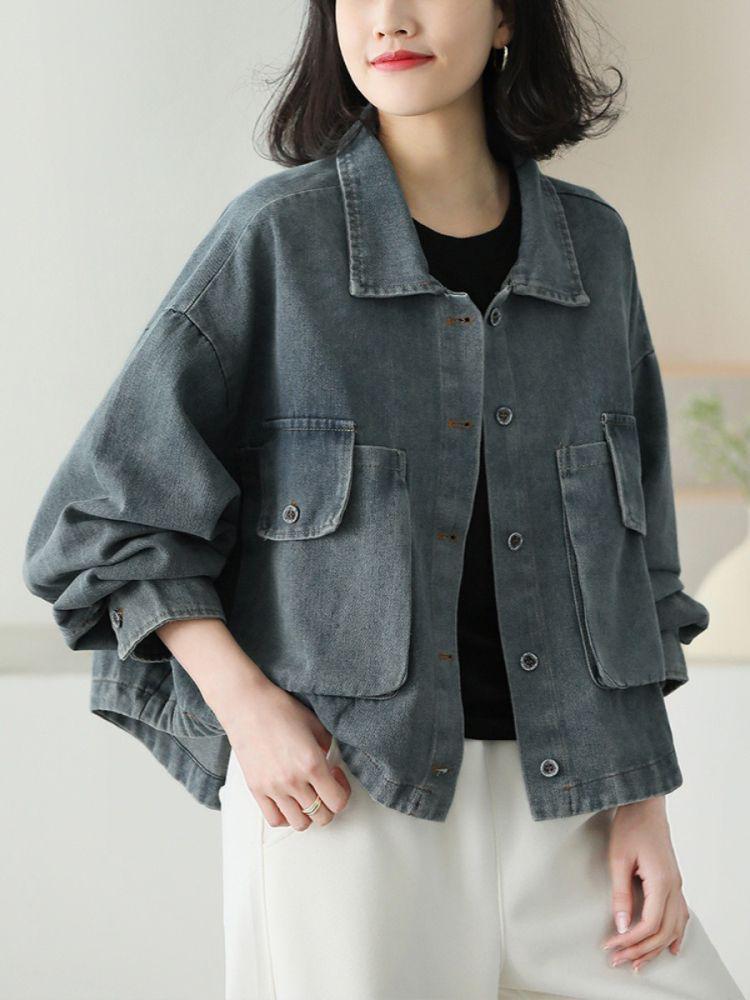 Plus Size Denim Jacket for Women: Casual Loose-Fit Slimming Retro Long Sleeve Top