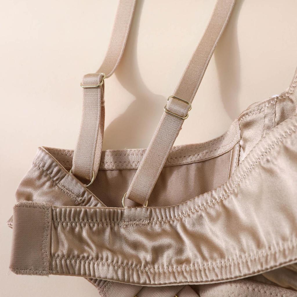 Mulberry Silk V-Neck Wireless Bra - Satin Smooth, High Side Support, Fashionable Color Block Design, Comfortable Fit.