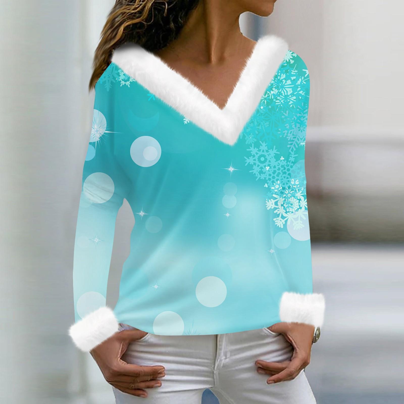 

Женская мода повседневная плюшевая кофта с длинным рукавом и V-образным вырезом с рождественским принтом XL