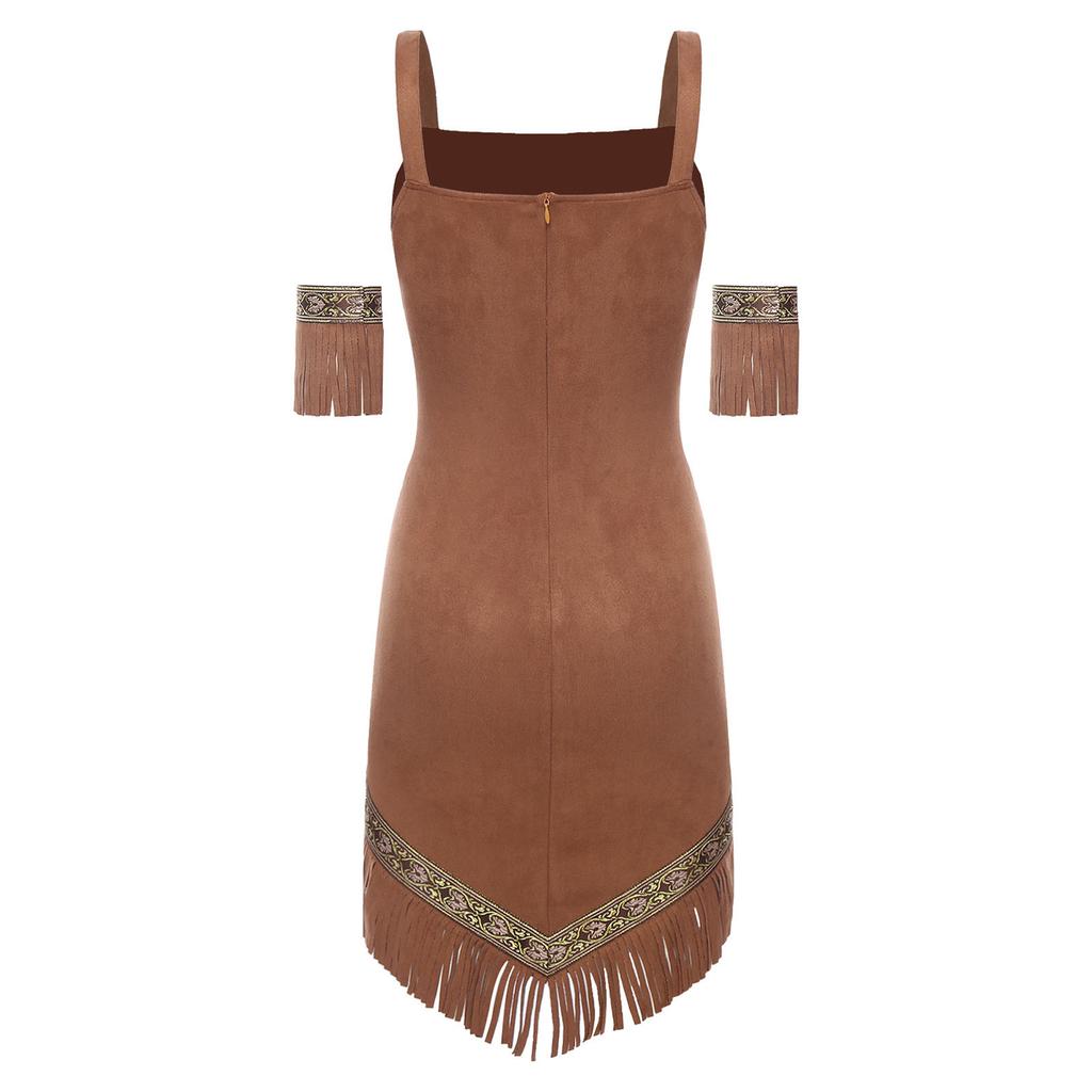 Authentic Native American Halloween Costume for Women S-4XL: Faux Suede Dress with Tassel Hem & Arm Cuffs for Cosplay