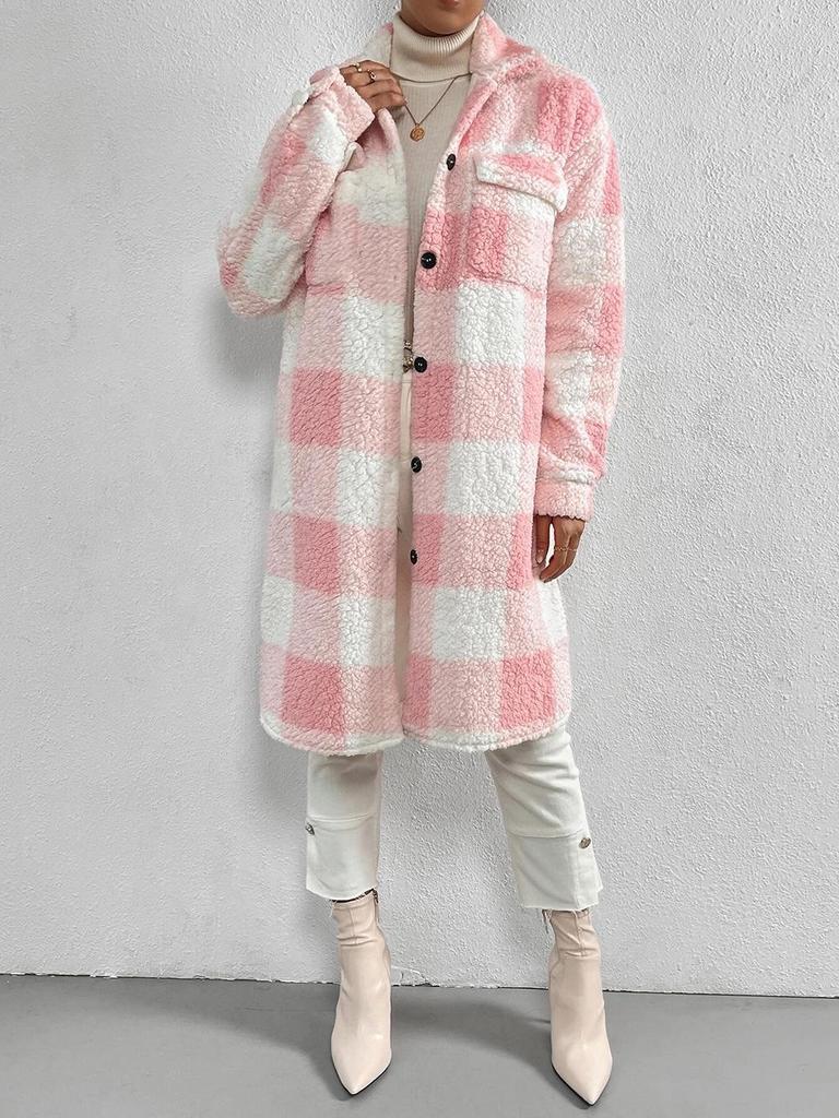 European and American Autumn/Winter Plaid Lapel Plush Button-Down Long Coat for Women