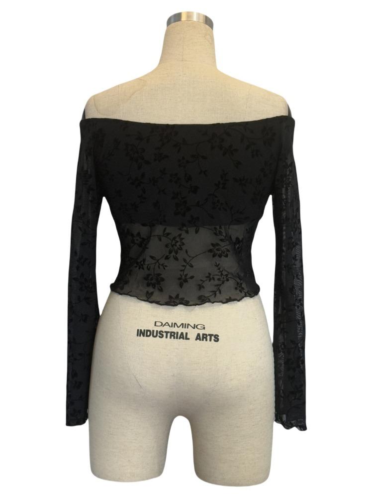 Spring Elegant Women's Black Floral Mesh Strapless Flared Sleeve T-Shirt Top Women Versatile Closet Essential Fashion Items Shirt