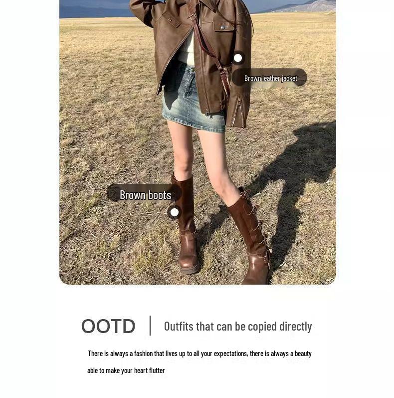 Women's Brown PU Leather Retro Motorcycle Jacket for Spring & Autumn